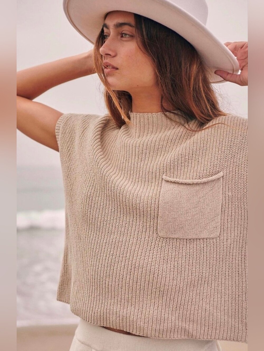 LILLUSORY Top Cap Sleeved Tan Knit Crop Women's Large